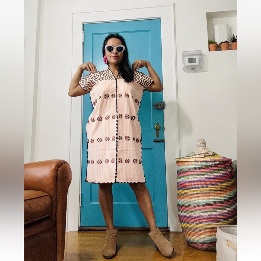 Kaftan Handwoven dress Mexican huipil Pinstripe Orange White like Pippa Holt